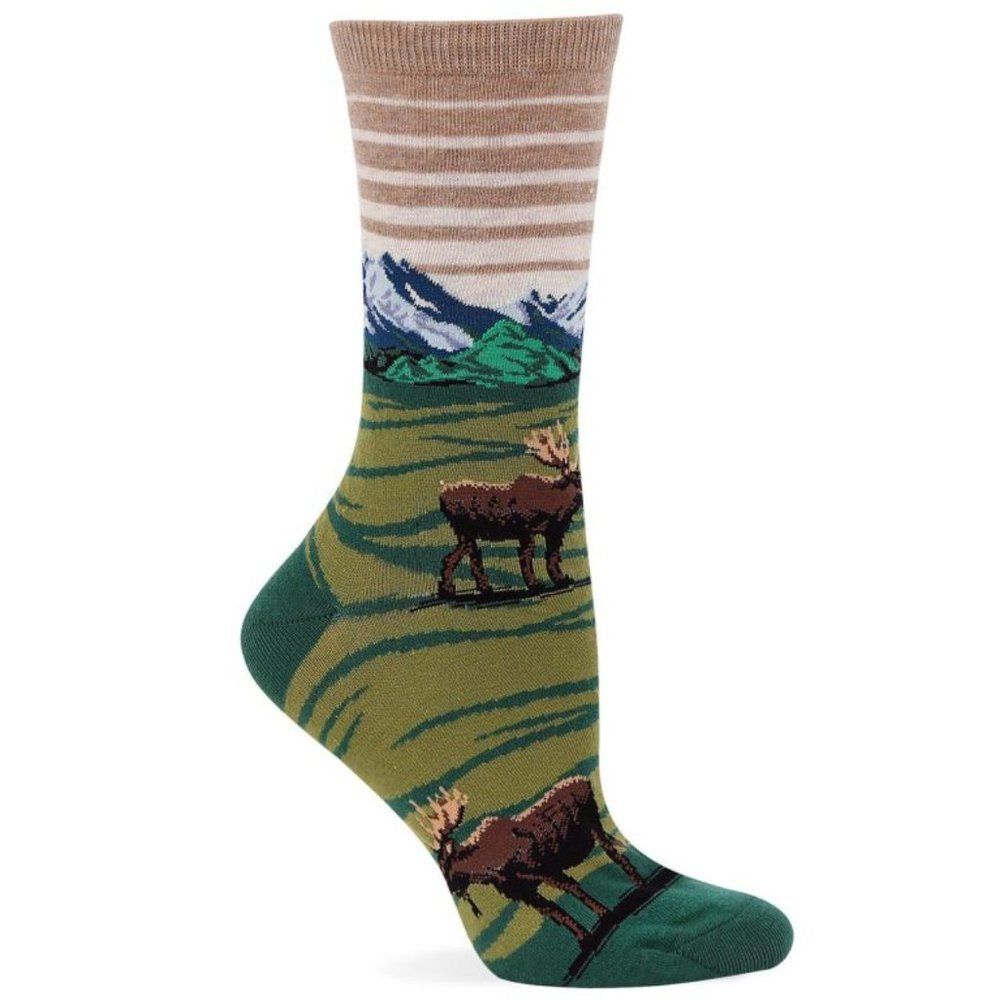Hot Sox Wild Moose Mountain Landscape Multicolor Graphic Socks Sz. 4-10.5
